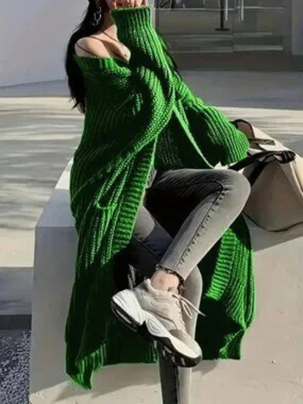 Green Casual Women's Plus Size Long Sleeve V-Neck Ribbed Knit Cardigan Sweater